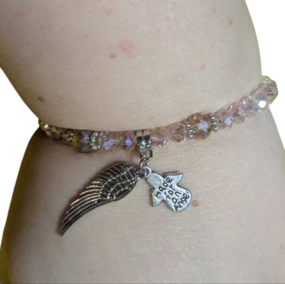 NEW Hand Crafted Beaded Bracelet Pink O/S Stretchy Angel Charms